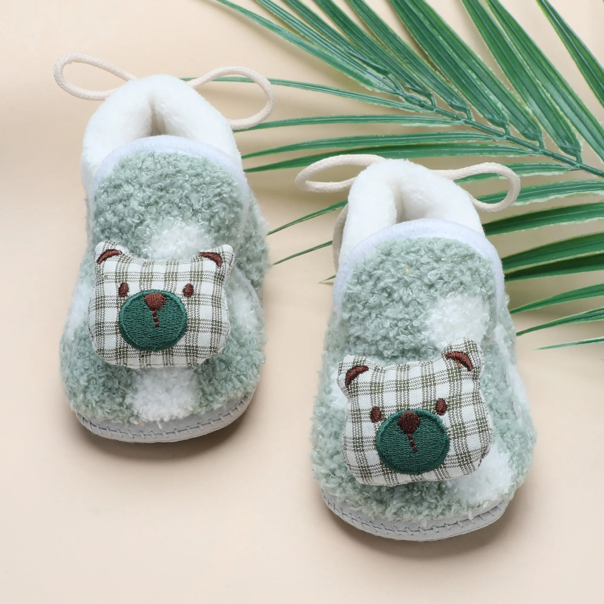 Baby Moo 3D Checked Teddy Soft Slip-On Anti-Skid Plush Warm Booties - Green