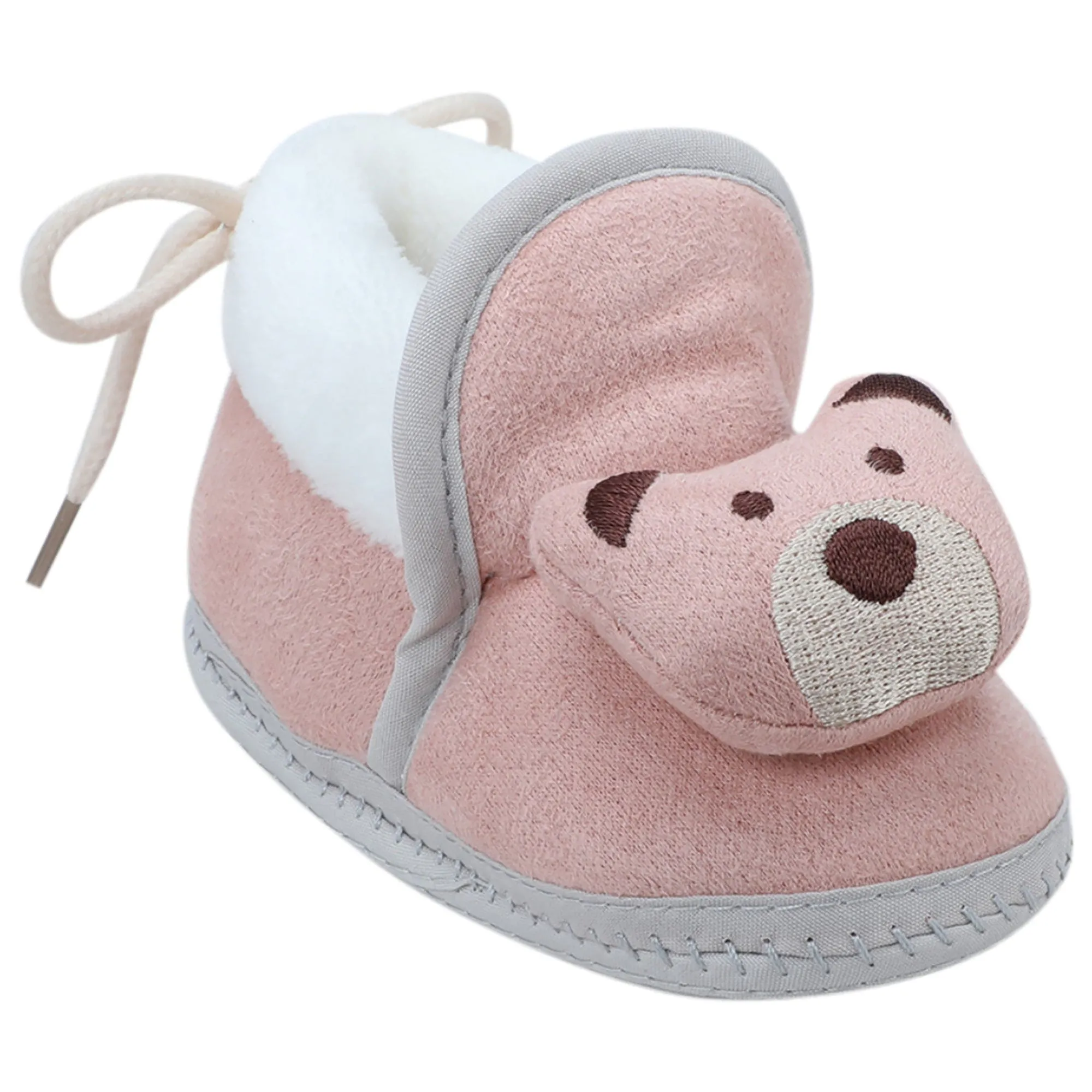 Baby Moo 3D Teddy Soft Slip-On Anti-Skid Plush Warm Booties - Mauve