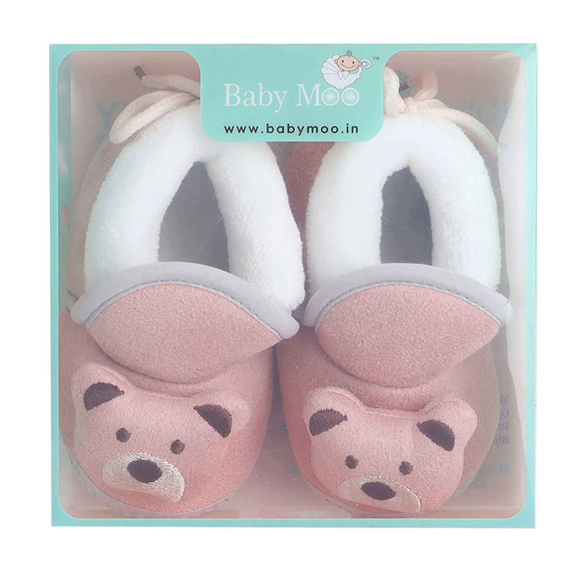 Baby Moo 3D Teddy Soft Slip-On Anti-Skid Plush Warm Booties - Mauve