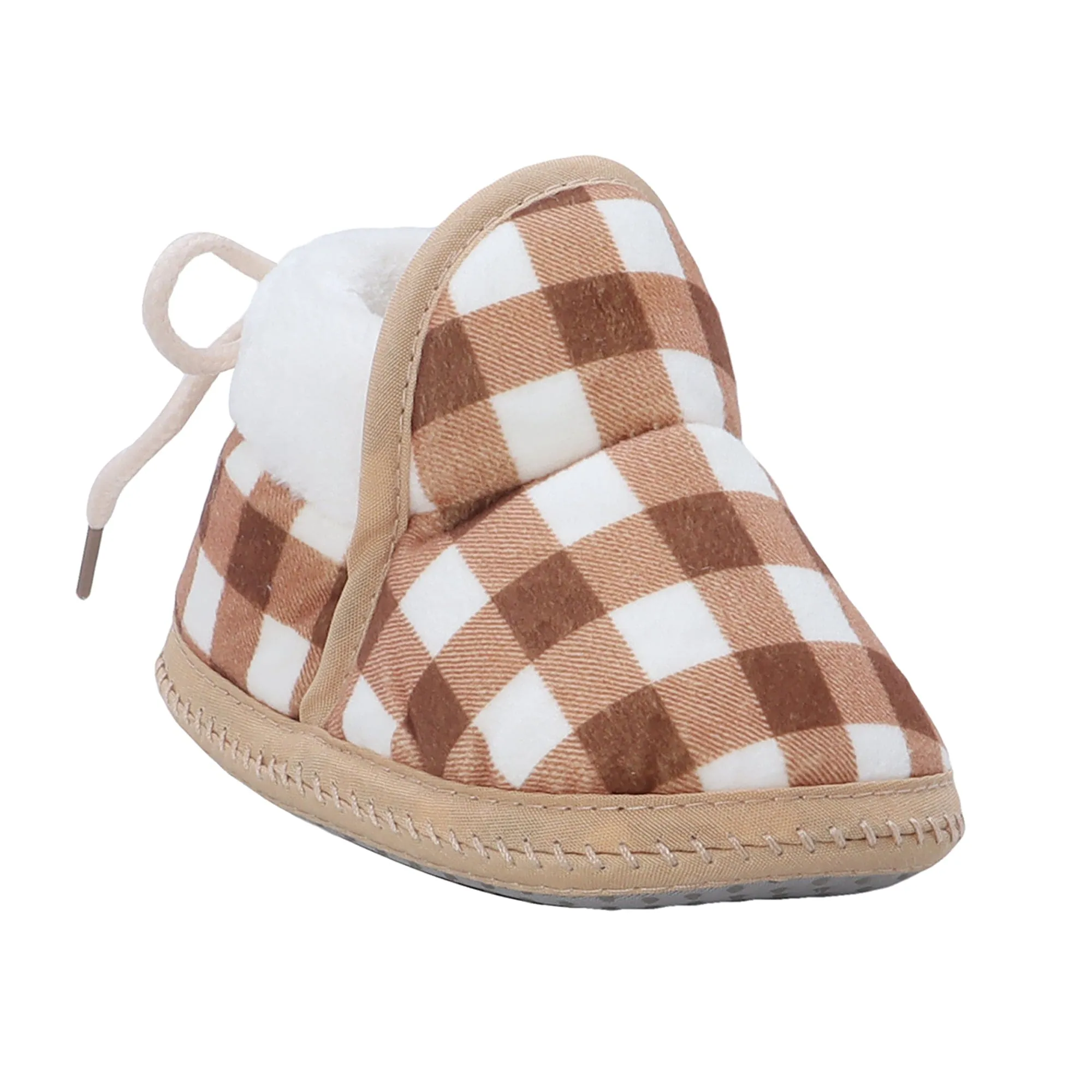 Baby Moo Checked Soft Slip-On Anti-Skid Plush Warm Booties - Brown