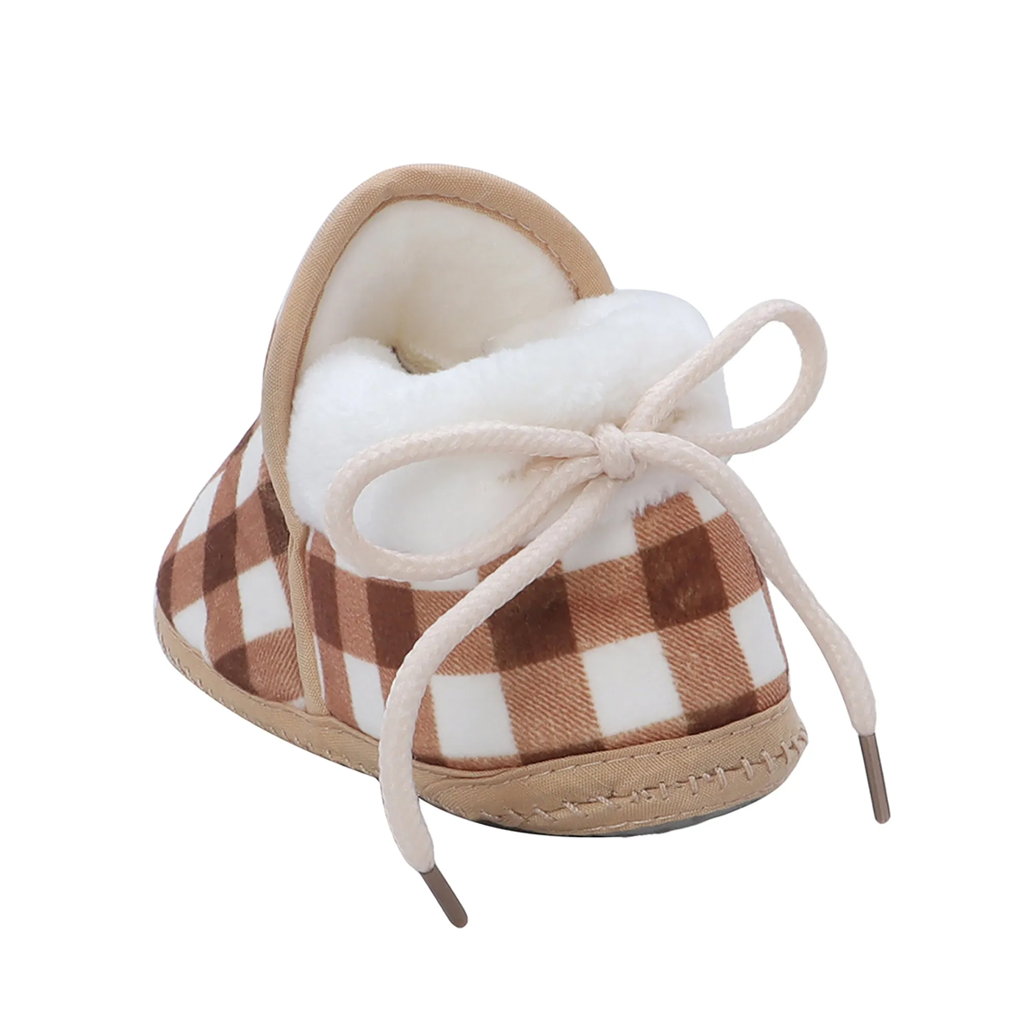 Baby Moo Checked Soft Slip-On Anti-Skid Plush Warm Booties - Brown