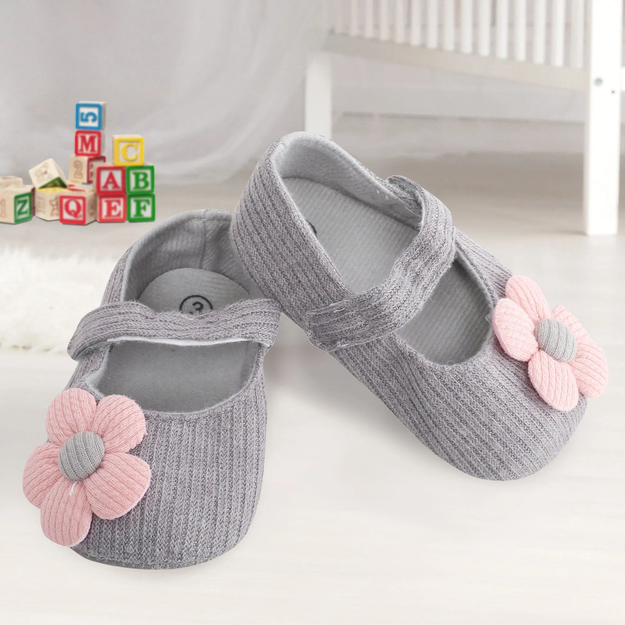 Baby Moo Floral Applique Grey And Peach Booties