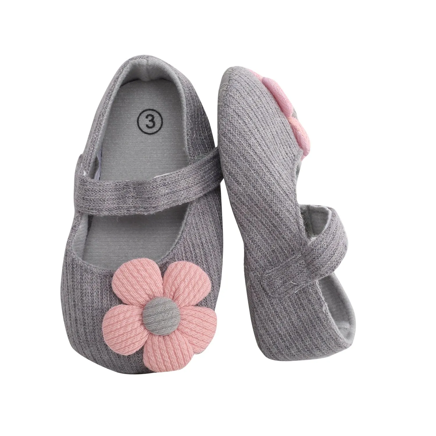 Baby Moo Floral Applique Grey And Peach Booties