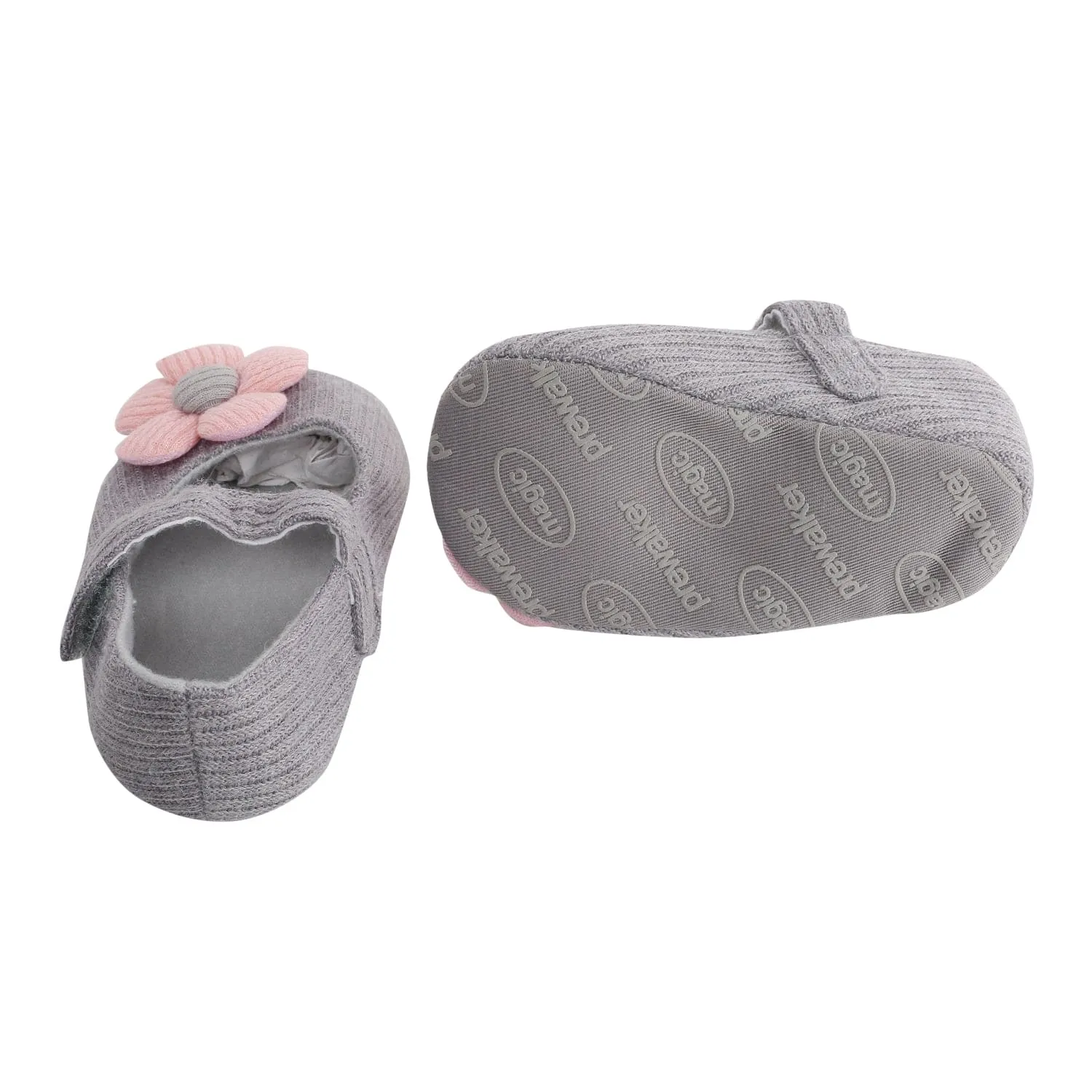 Baby Moo Floral Applique Grey And Peach Booties