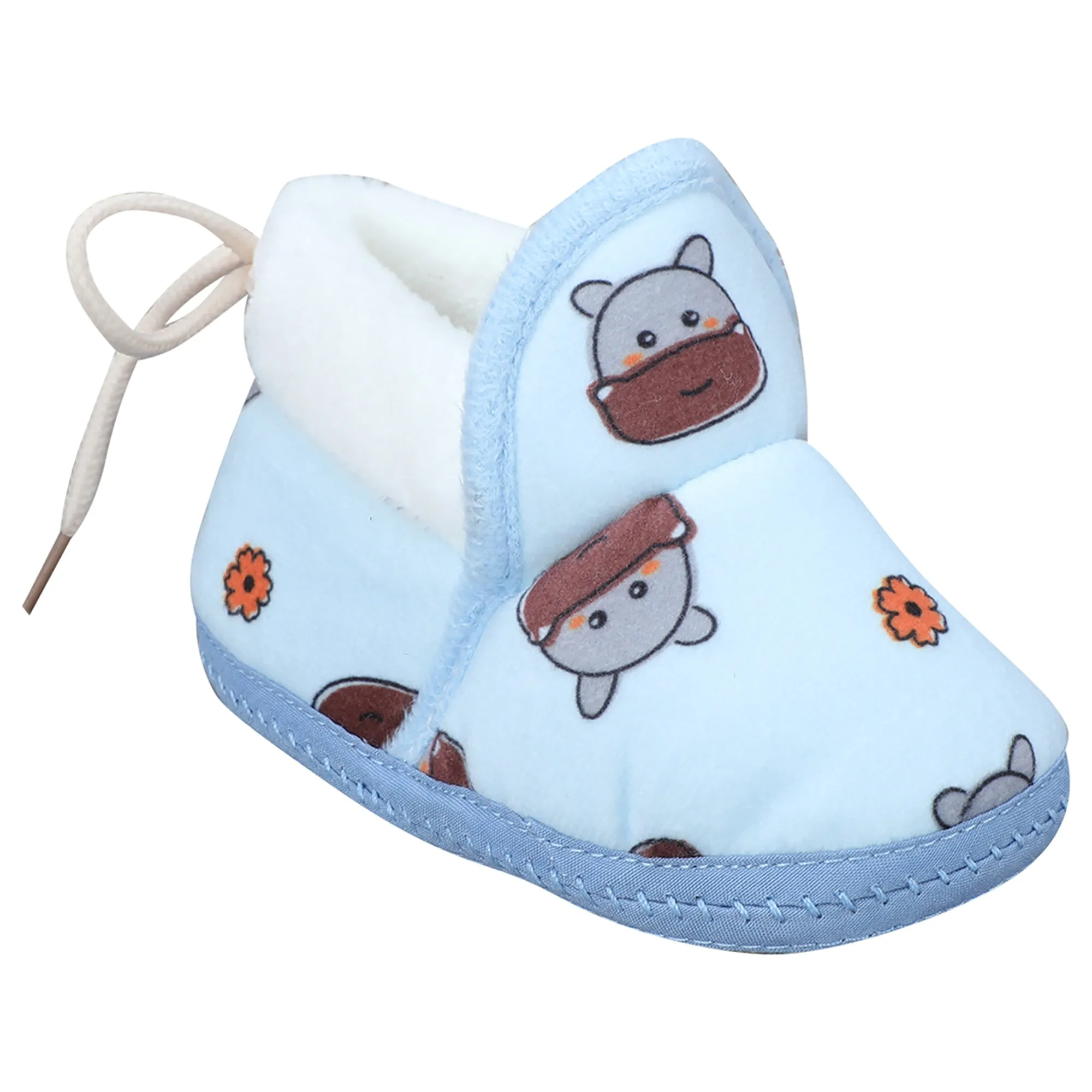 Baby Moo Hippo Face Printed Soft Slip-On Anti-Skid Plush Warm Booties - Blue