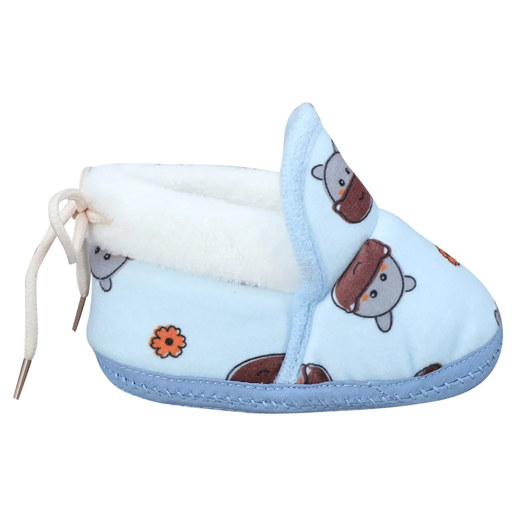 Baby Moo Hippo Face Printed Soft Slip-On Anti-Skid Plush Warm Booties - Blue