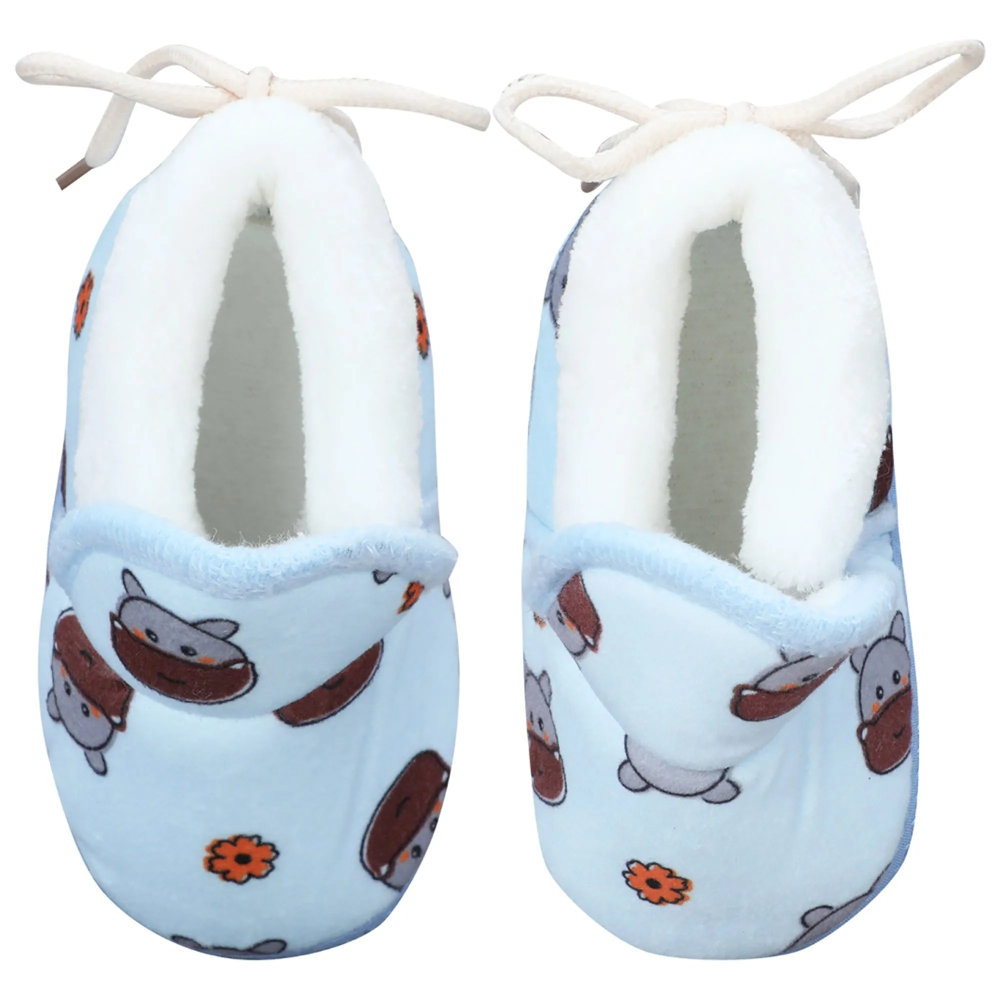 Baby Moo Hippo Face Printed Soft Slip-On Anti-Skid Plush Warm Booties - Blue