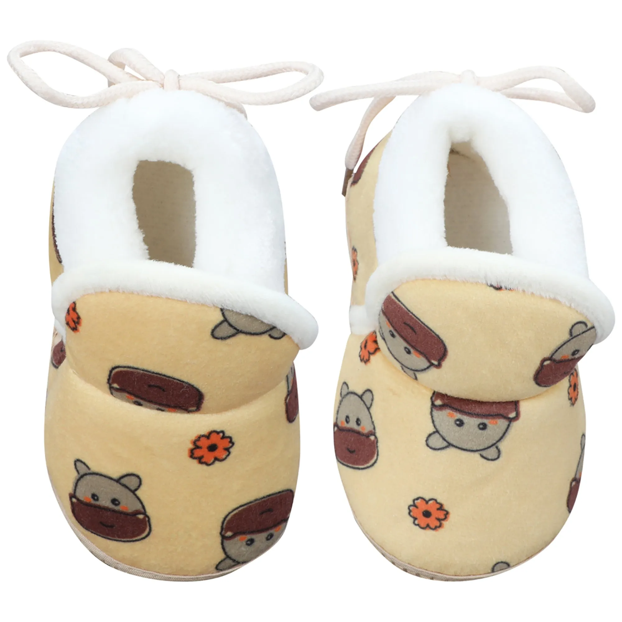 Baby Moo Hippo Face Printed Soft Slip-On Anti-Skid Plush Warm Booties - Mustard