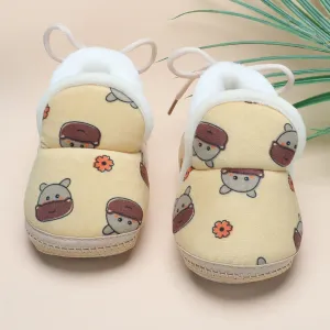 Baby Moo Hippo Face Printed Soft Slip-On Anti-Skid Plush Warm Booties - Mustard