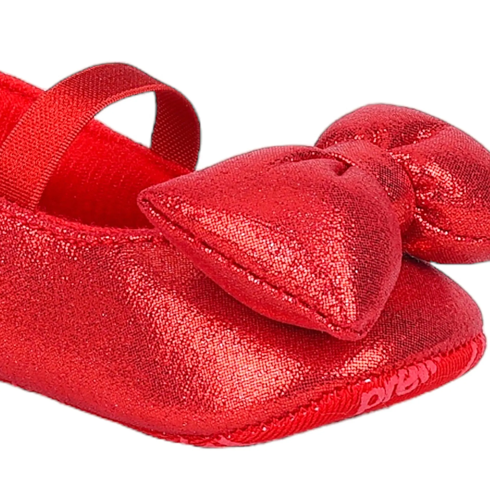 Baby Moo Partywear Shiny Bow Elastic Strap Anti-Skid Ballerina Booties - Red