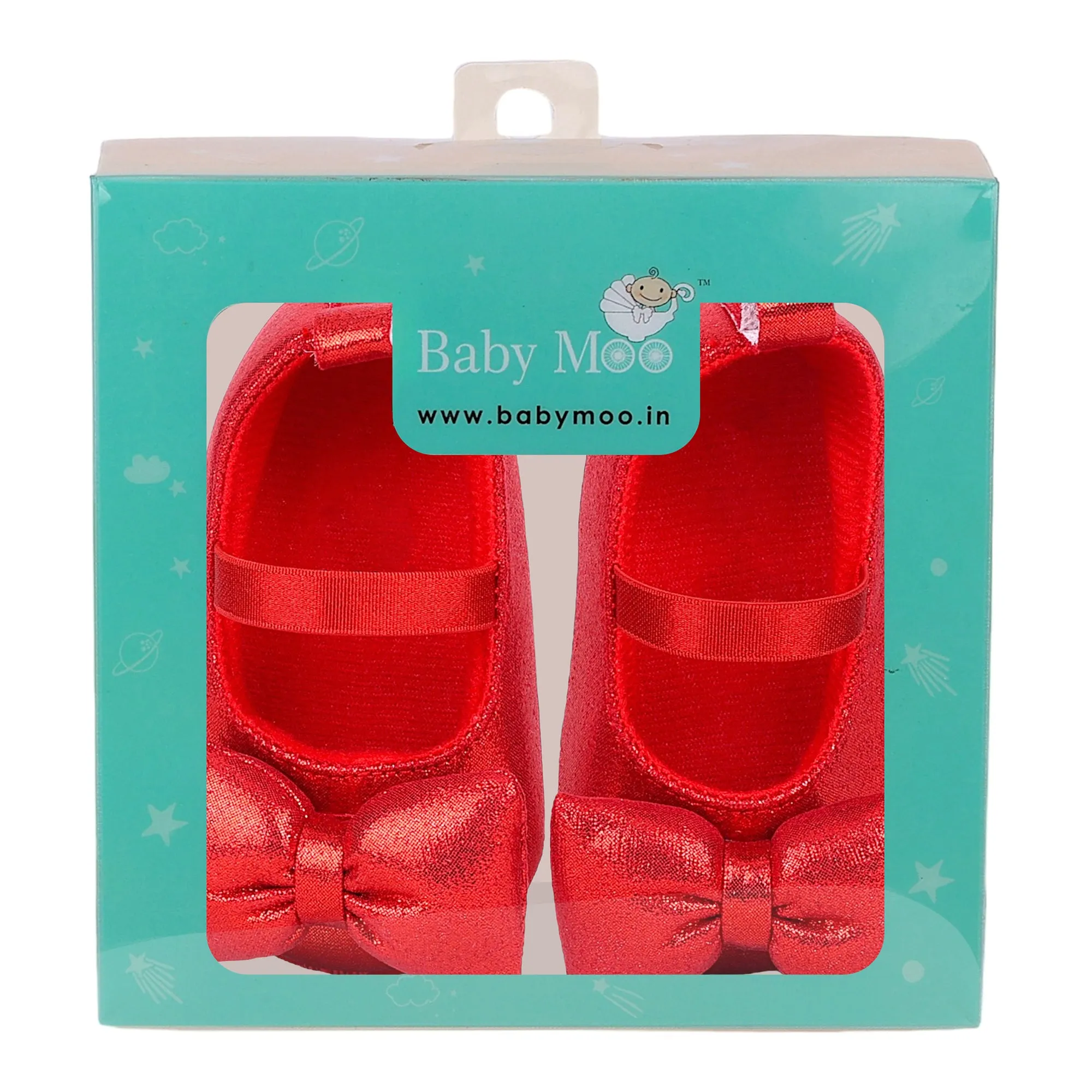 Baby Moo Partywear Shiny Bow Elastic Strap Anti-Skid Ballerina Booties - Red