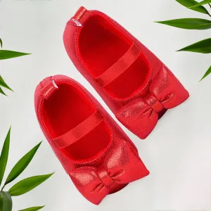 Baby Moo Partywear Shiny Bow Elastic Strap Anti-Skid Ballerina Booties - Red