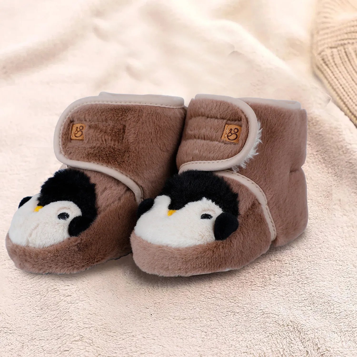 Baby Moo Penguin Warm Veclro Strap Fur Booties - Brown