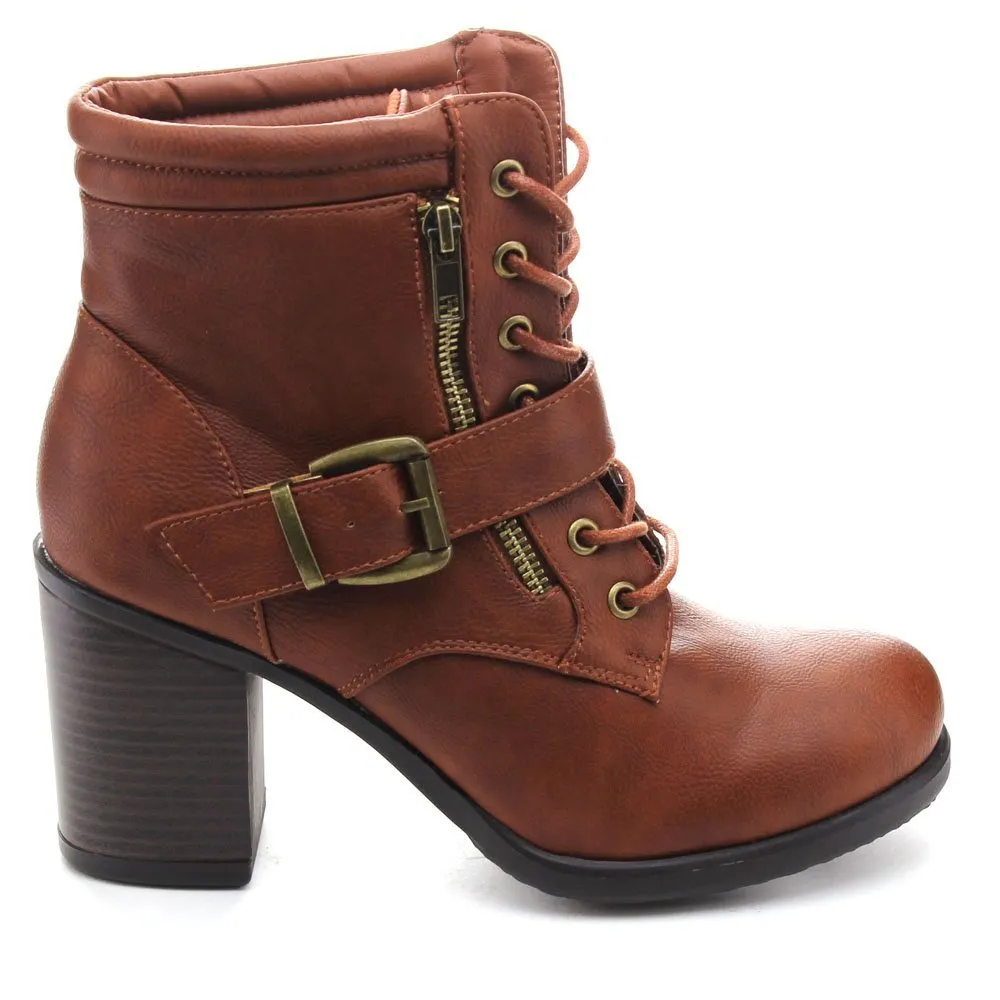 Betani Tanya-1 Women's Lace Up Buckle Strap Chunky Heel Combat Ankle Booties