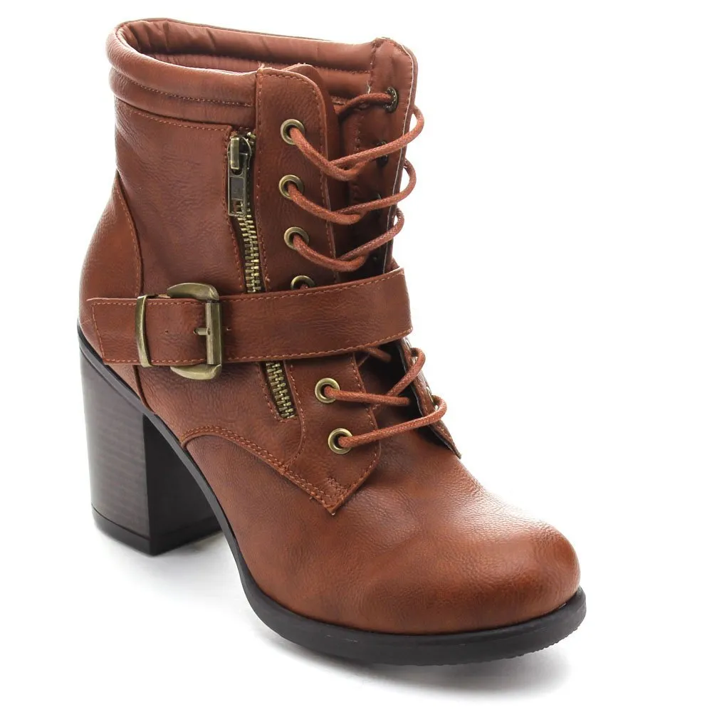 Betani Tanya-1 Women's Lace Up Buckle Strap Chunky Heel Combat Ankle Booties