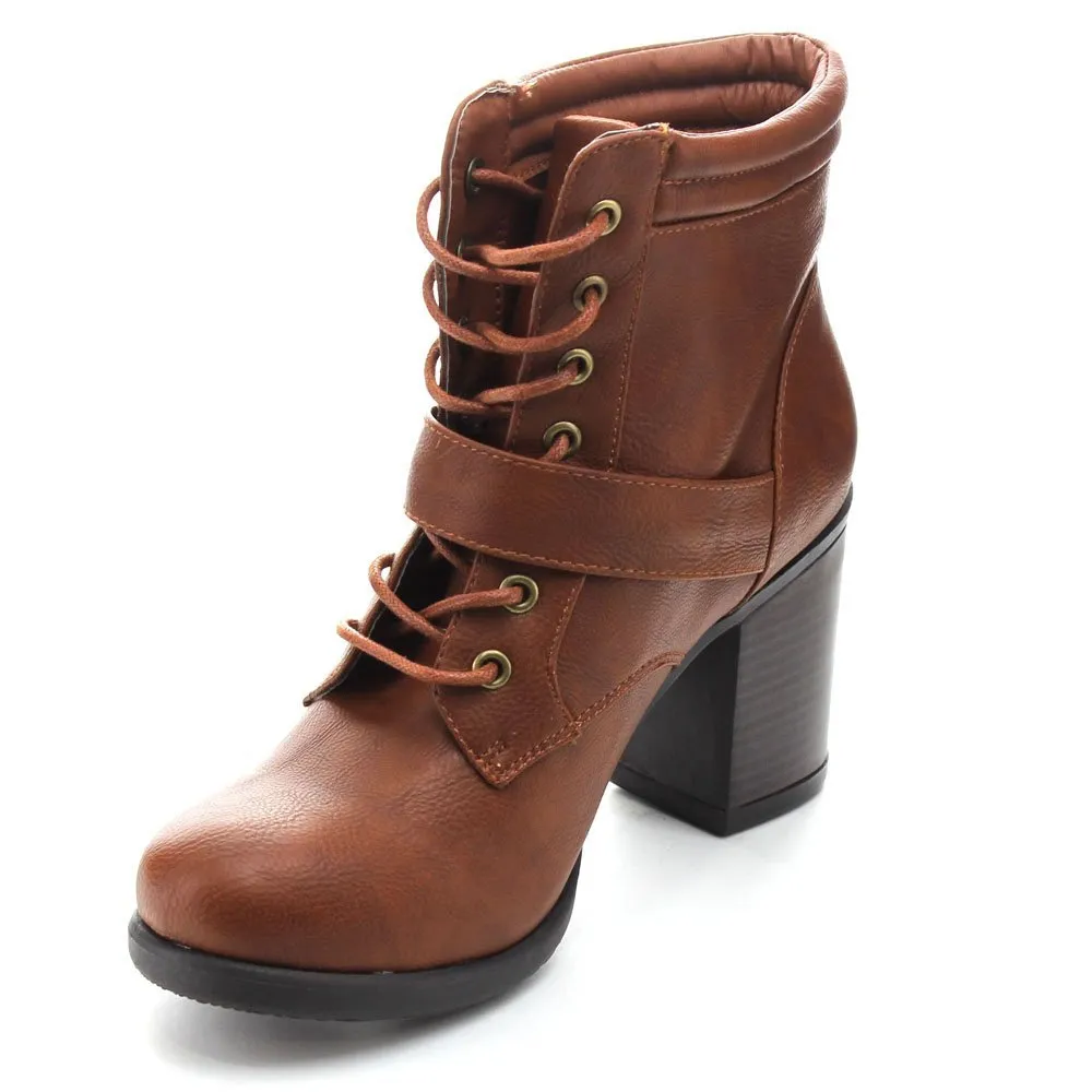 Betani Tanya-1 Women's Lace Up Buckle Strap Chunky Heel Combat Ankle Booties