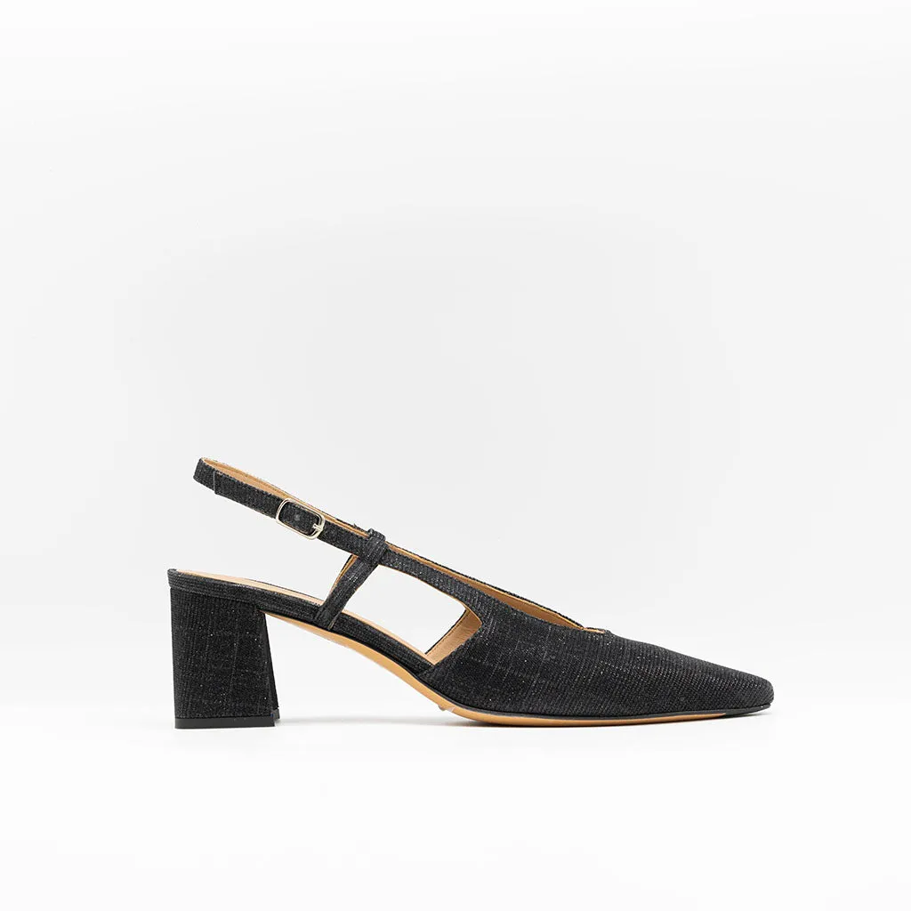 Block Heeled Slingback in Black Glitter