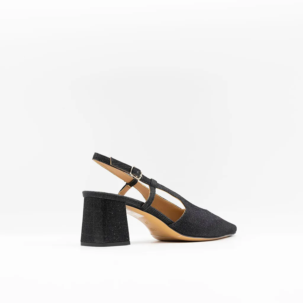 Block Heeled Slingback in Black Glitter