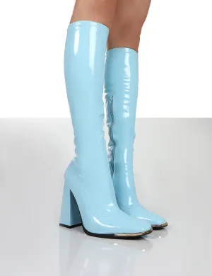 Caryn Blue Patent Knee High Block Heeled Boots