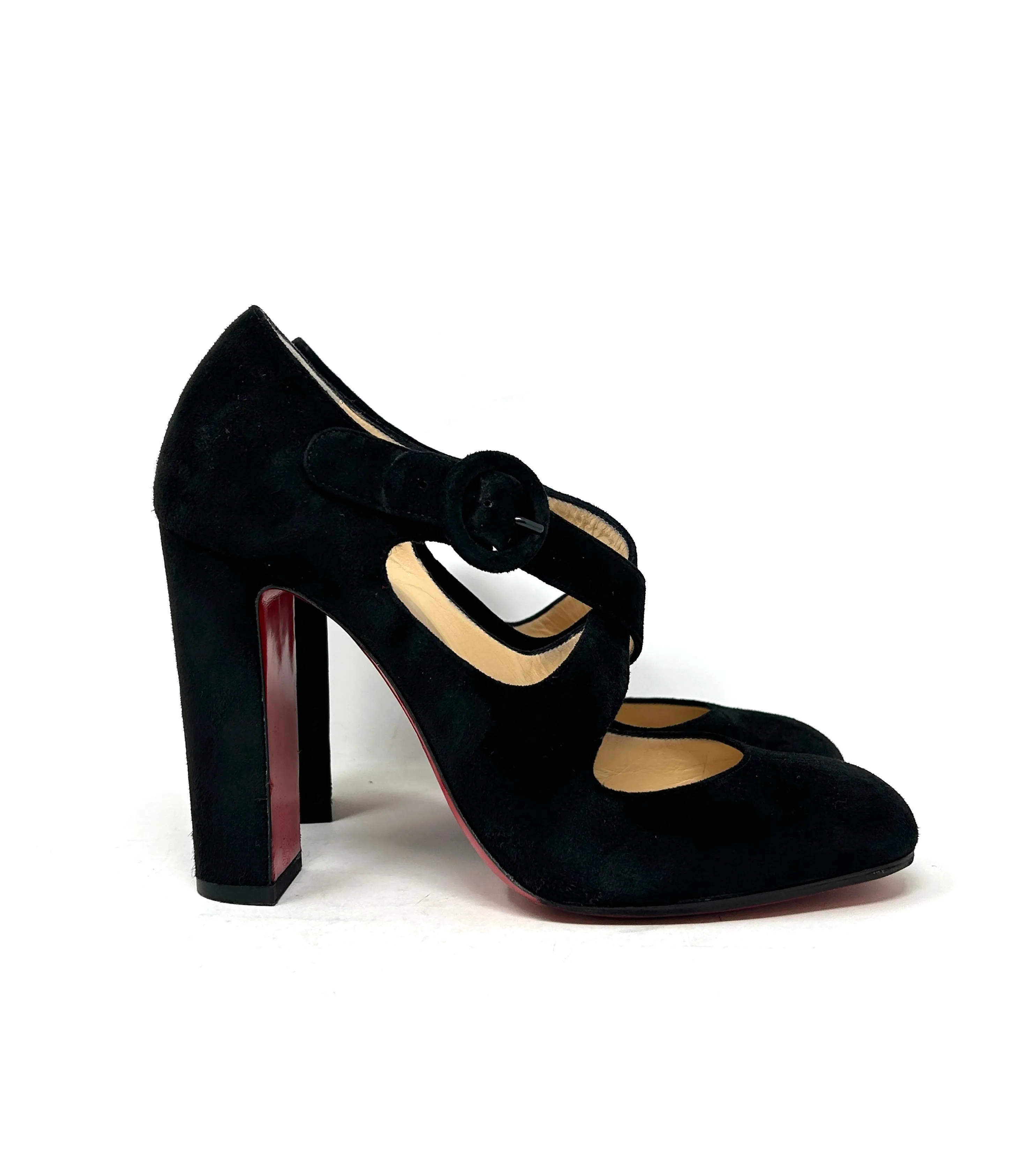 Christian Louboutin Miss Ellen 100 Black Suede Buckle Strap Block Heels 38.5 UK 5.5