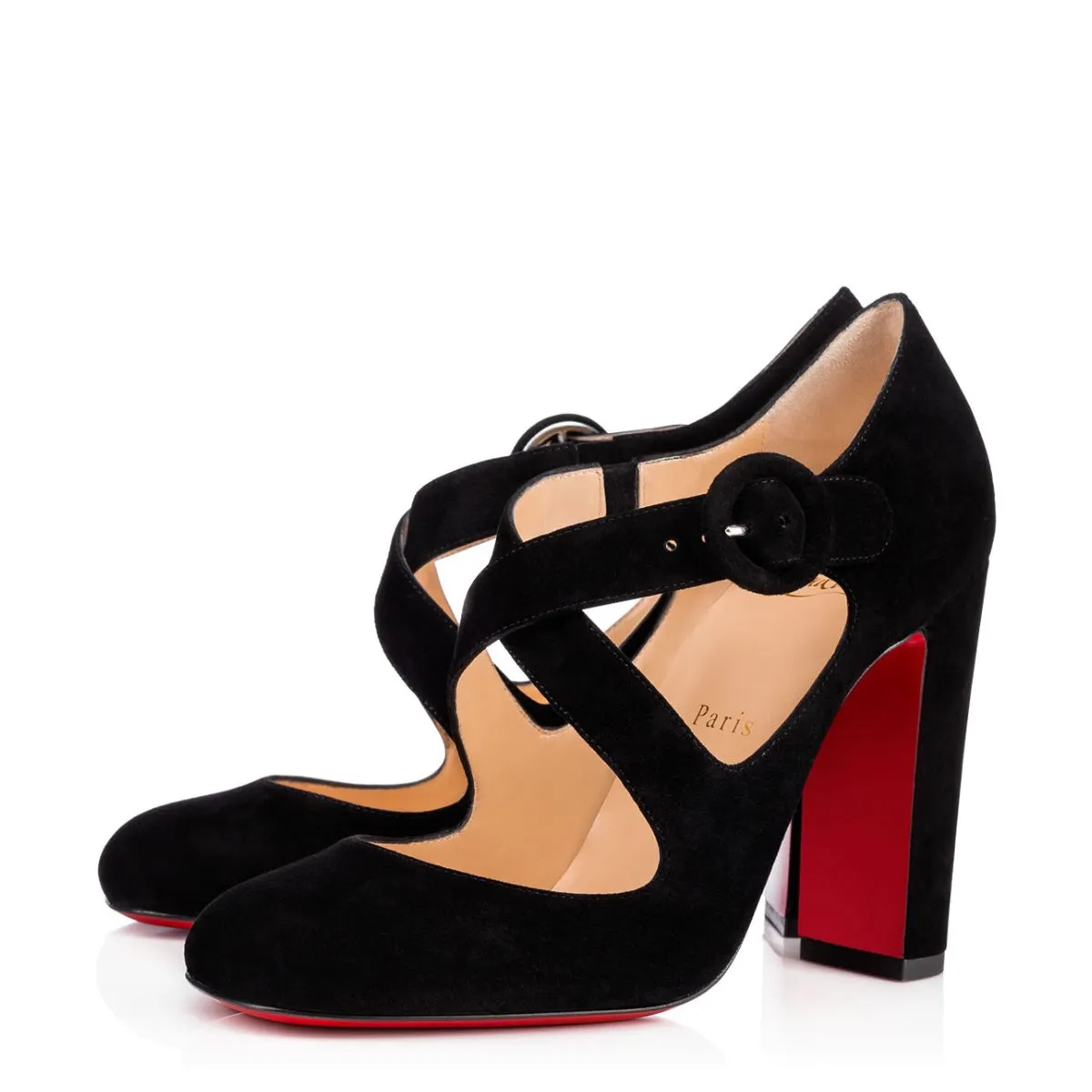 Christian Louboutin Miss Ellen 100 Black Suede Buckle Strap Block Heels 38.5 UK 5.5