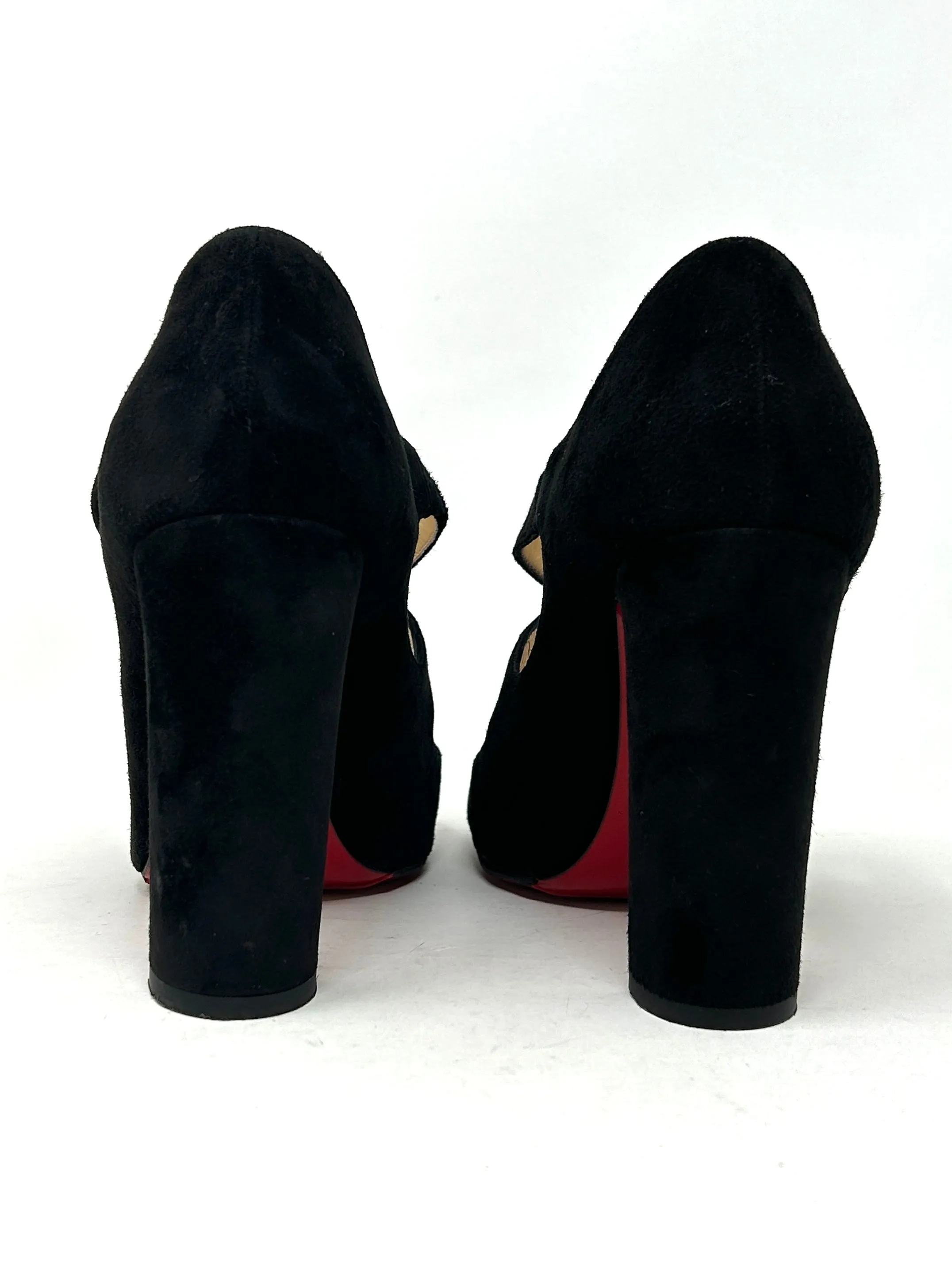 Christian Louboutin Miss Ellen 100 Black Suede Buckle Strap Block Heels 38.5 UK 5.5