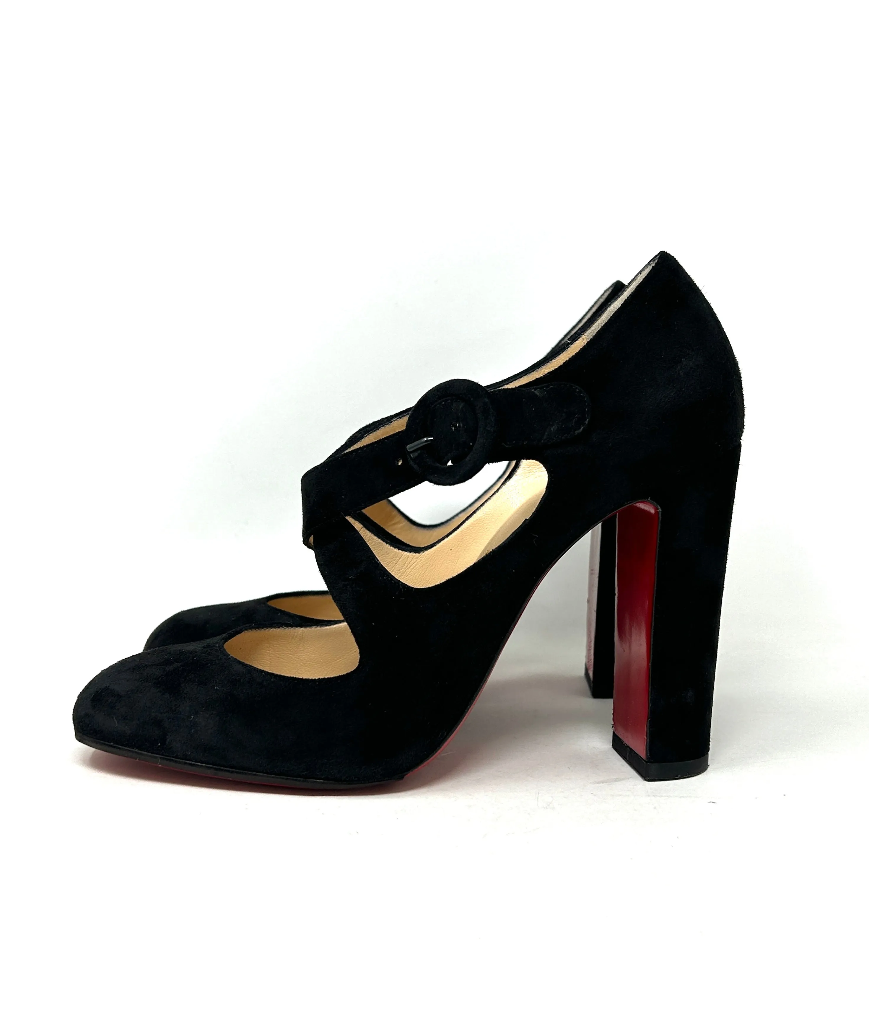 Christian Louboutin Miss Ellen 100 Black Suede Buckle Strap Block Heels 38.5 UK 5.5