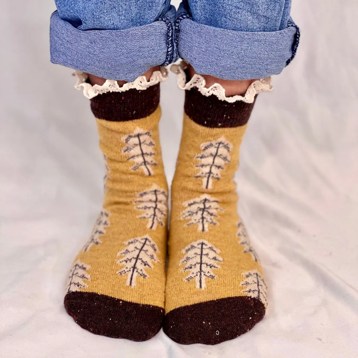 FALL LEAF lace topped socks -mustard