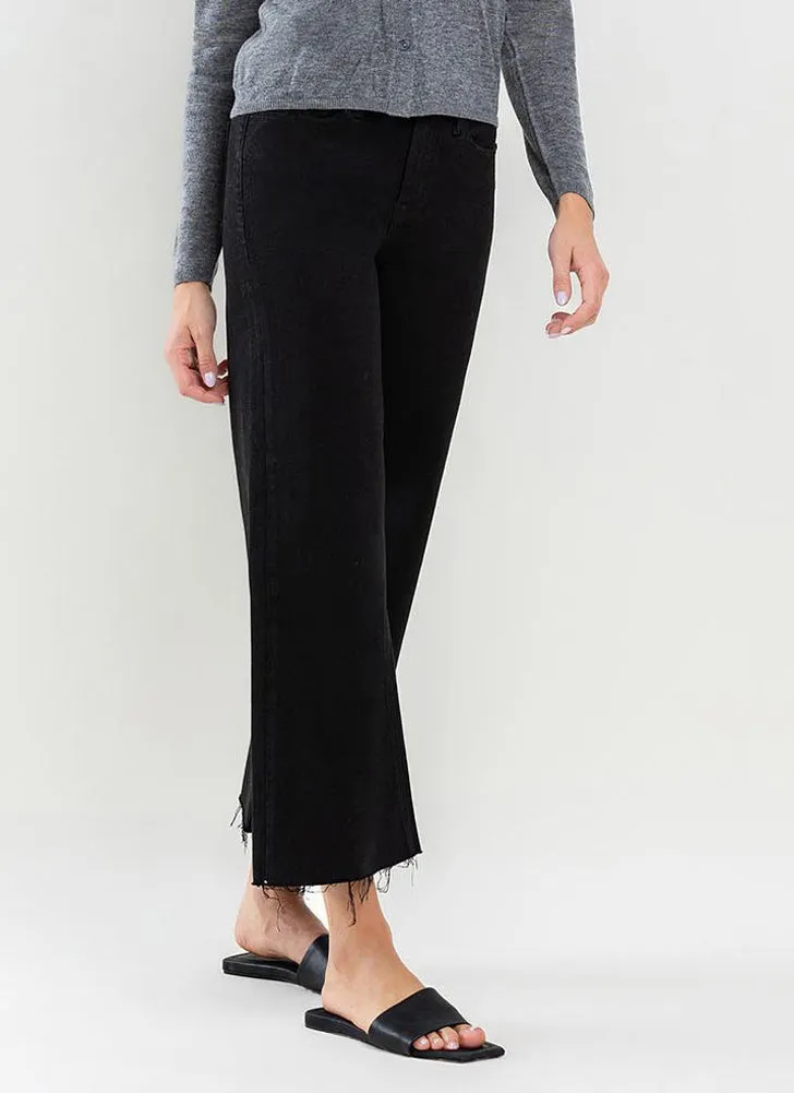 High Rise Raw Hem Crop Wide Leg in Jet Black by Vervet