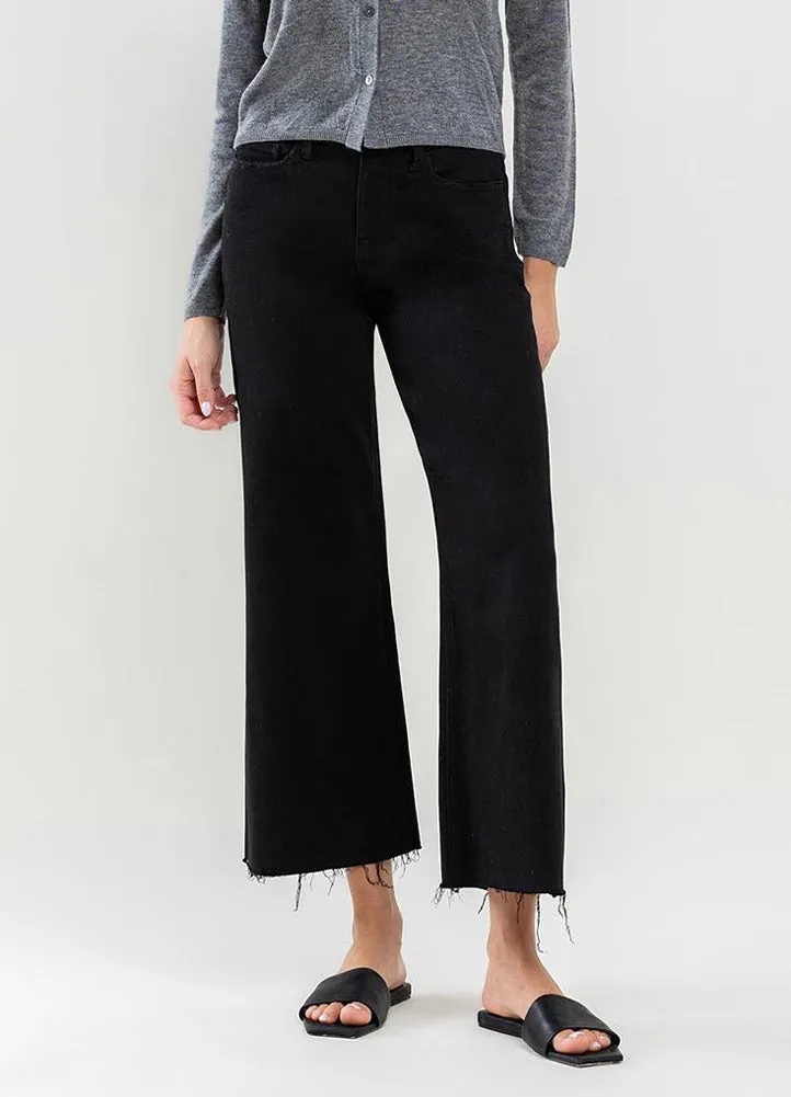 High Rise Raw Hem Crop Wide Leg in Jet Black by Vervet