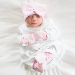 ilybean Pink White Striped Nursery Hat, Mittens and Booties SET