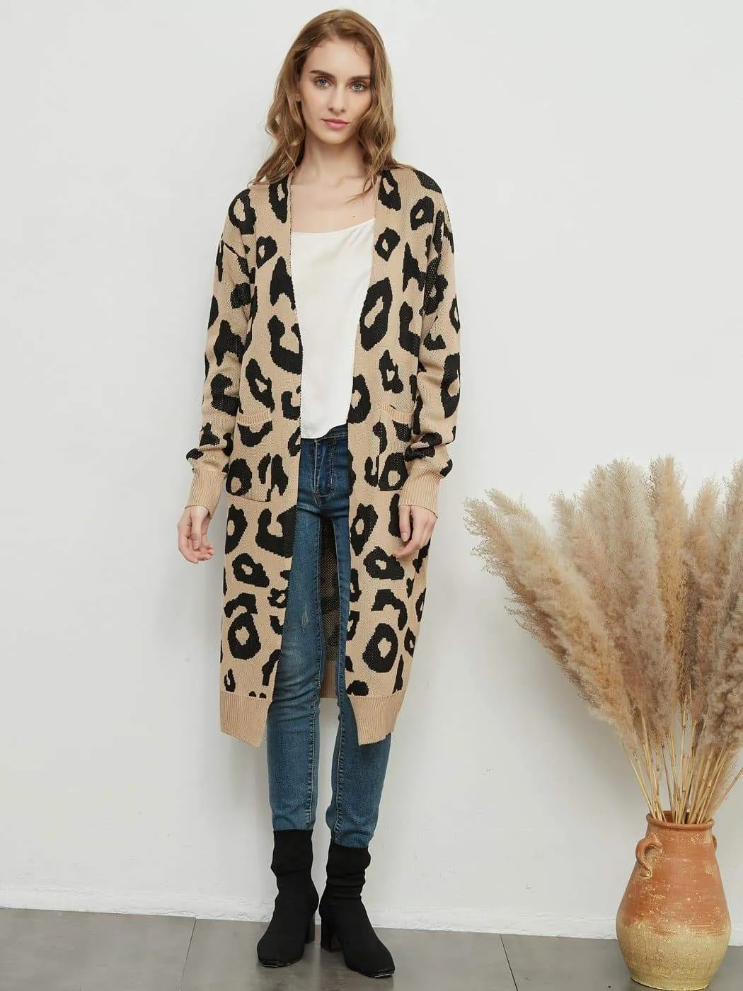 Long Sleeve Leopard Print Cardigan Open Front With Pockets