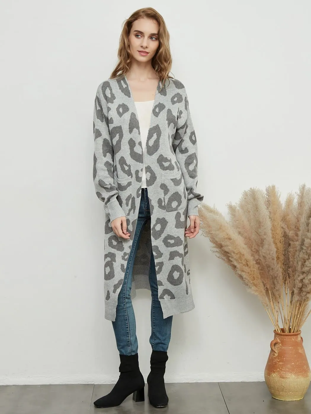 Long Sleeve Leopard Print Cardigan Open Front With Pockets