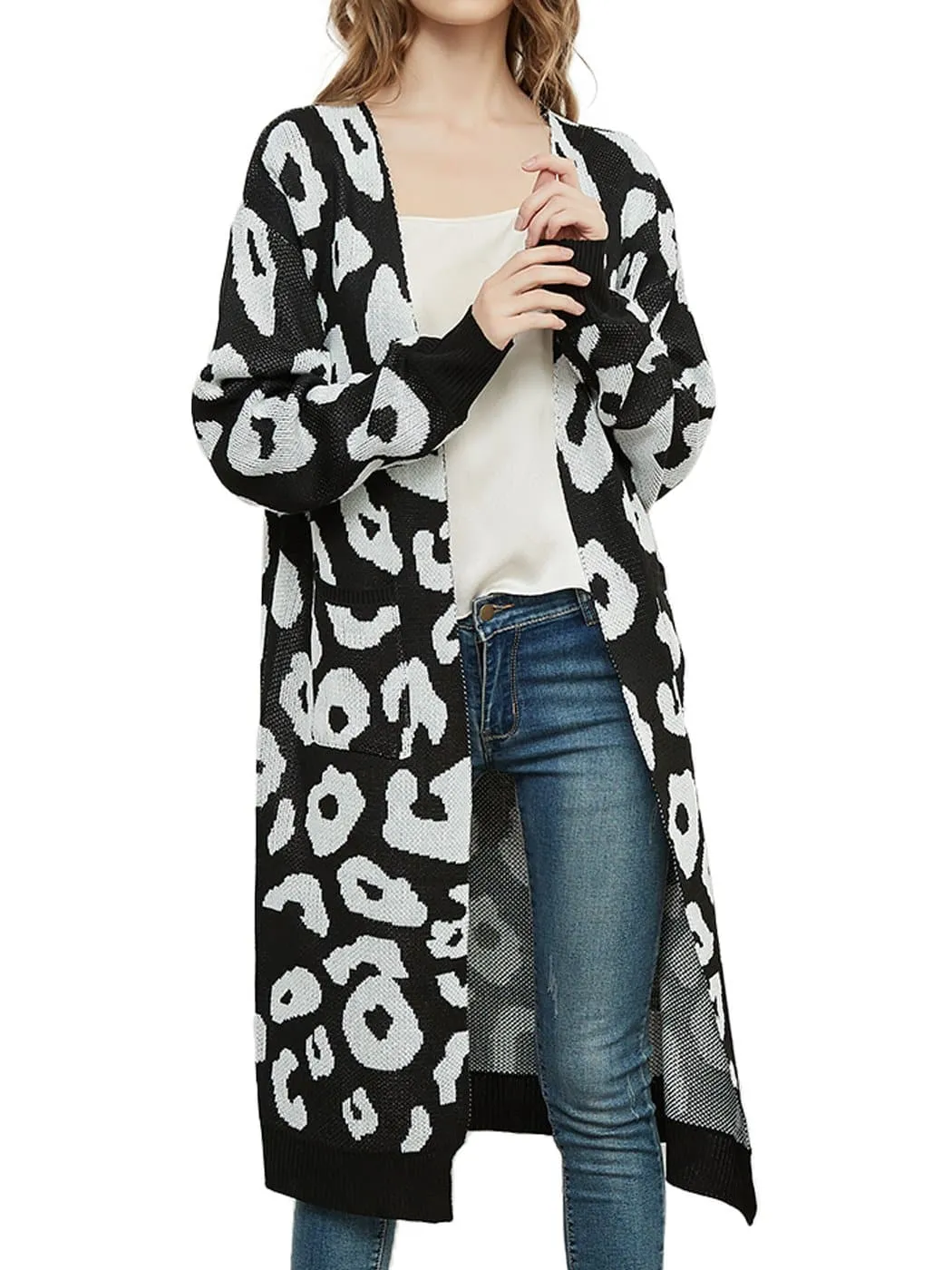 Long Sleeve Leopard Print Cardigan Open Front With Pockets