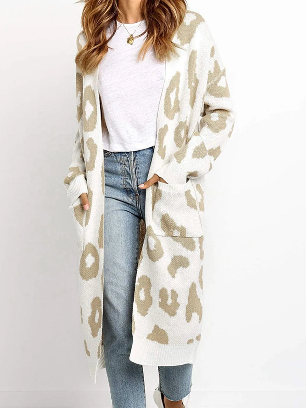 Long Sleeve Leopard Print Cardigan Open Front With Pockets