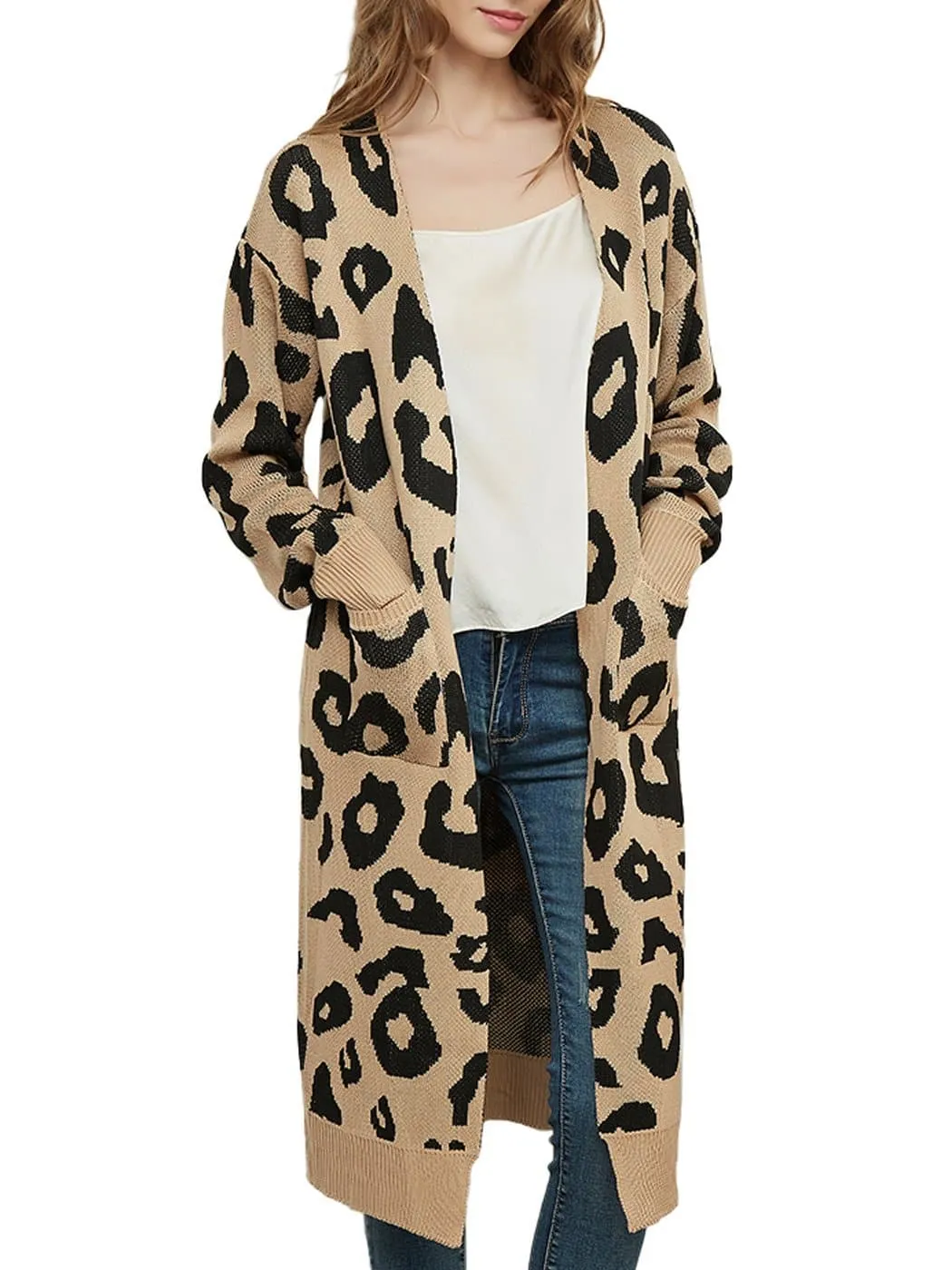 Long Sleeve Leopard Print Cardigan Open Front With Pockets