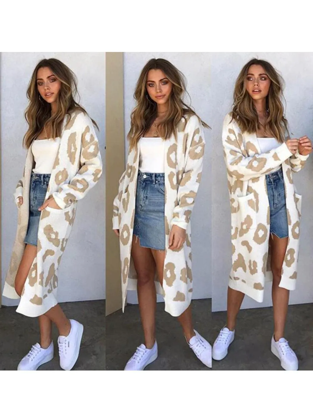 Long Sleeve Leopard Print Cardigan Open Front With Pockets