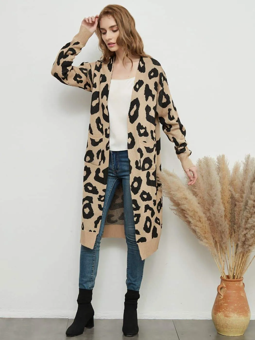 Long Sleeve Leopard Print Cardigan Open Front With Pockets