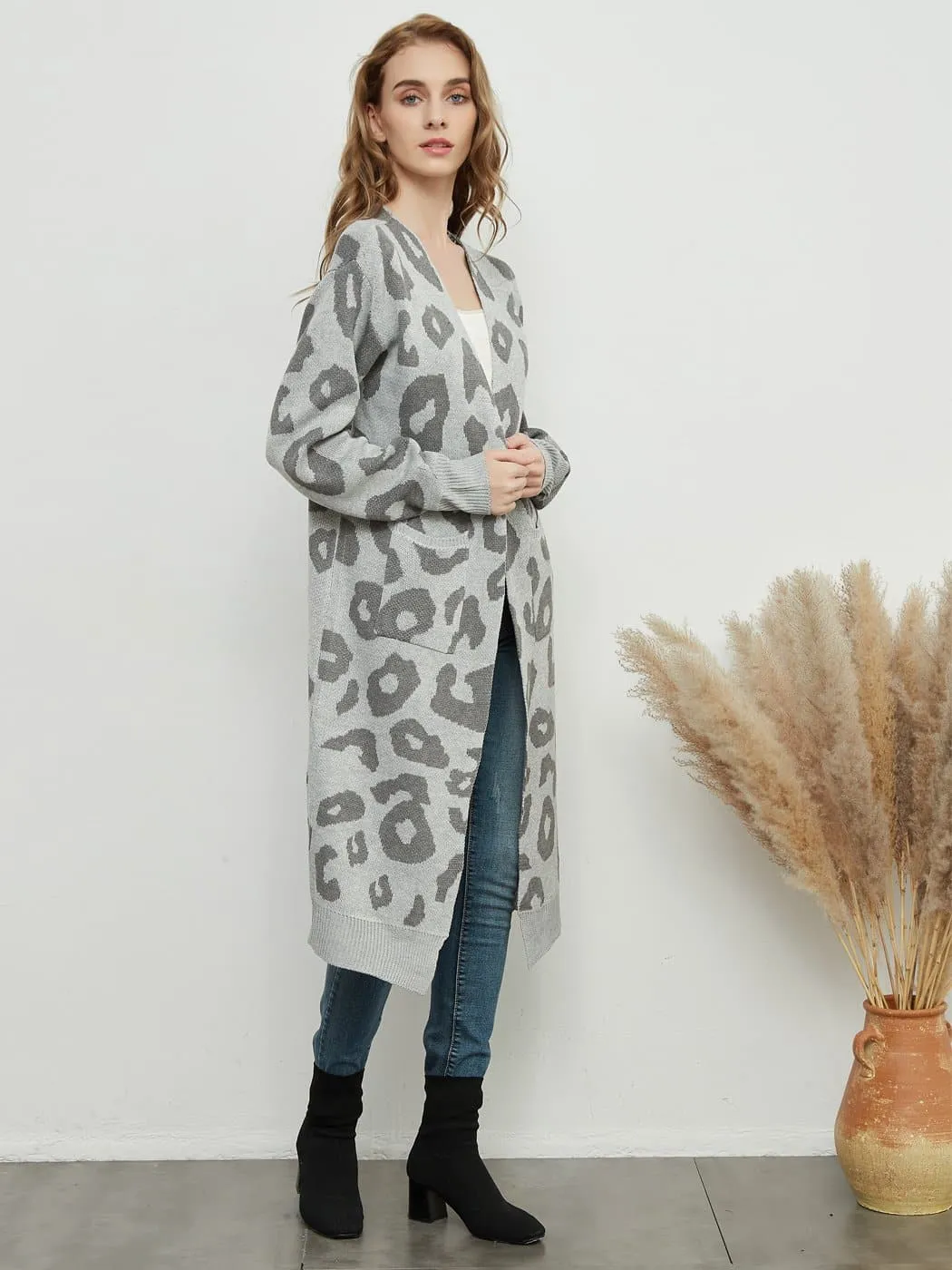 Long Sleeve Leopard Print Cardigan Open Front With Pockets