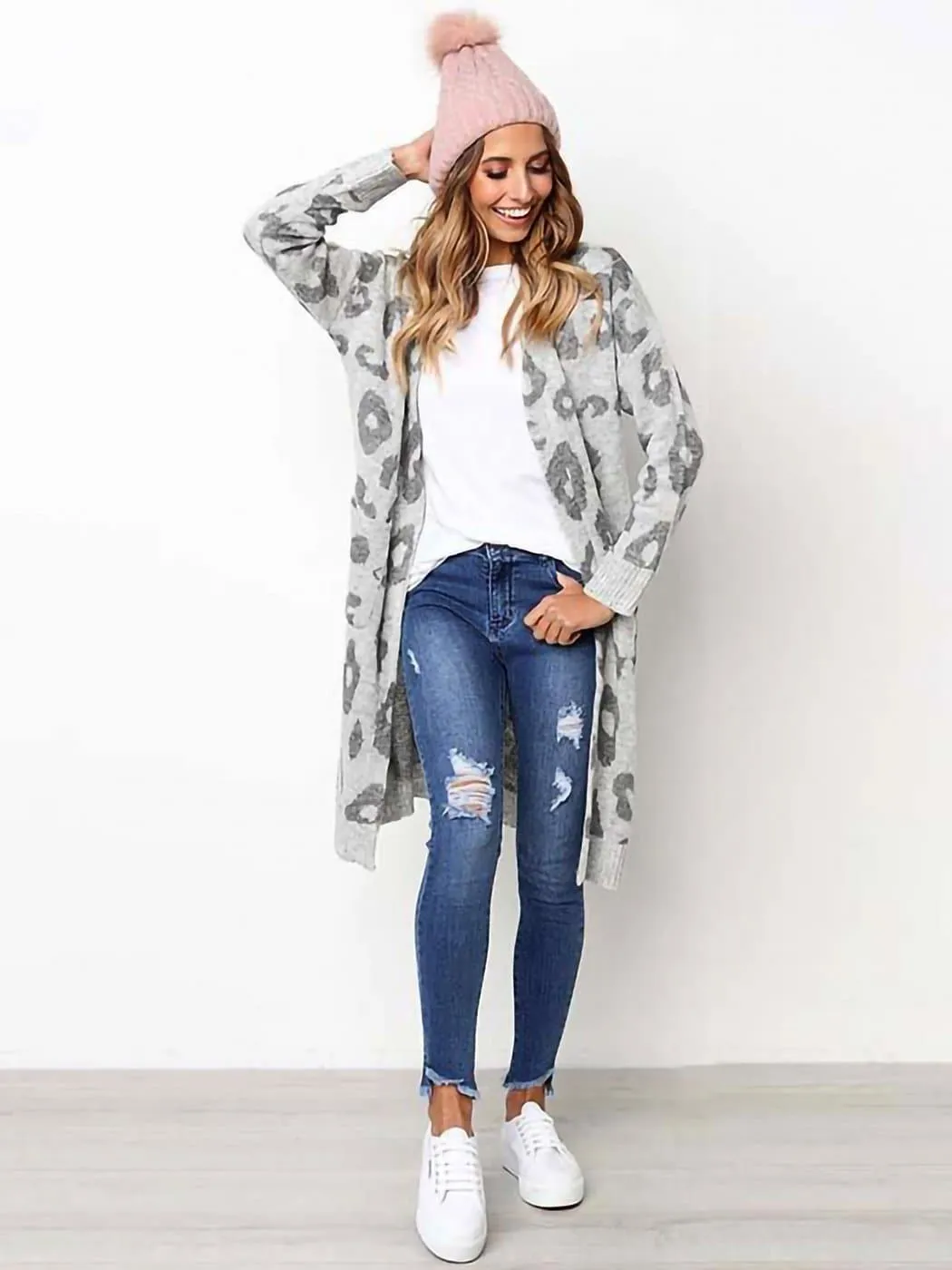 Long Sleeve Leopard Print Cardigan Open Front With Pockets