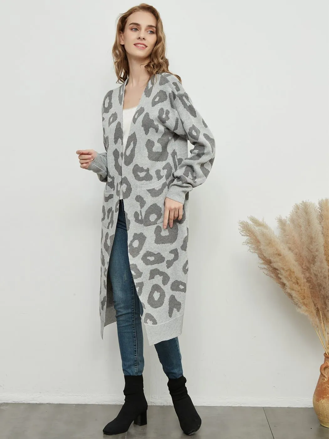 Long Sleeve Leopard Print Cardigan Open Front With Pockets