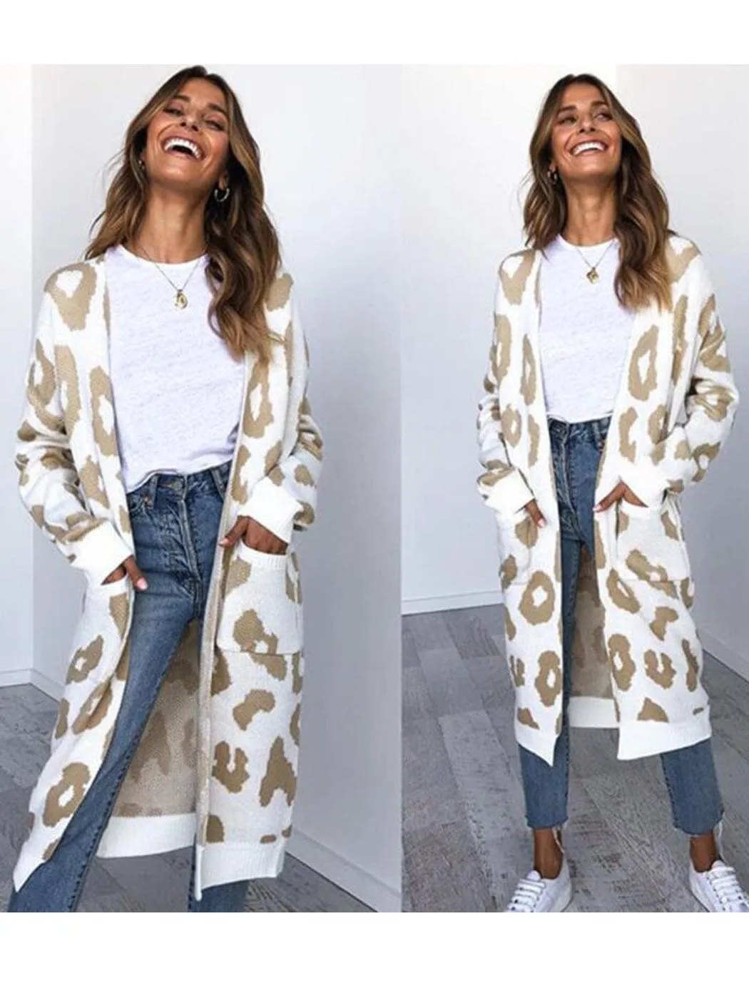 Long Sleeve Leopard Print Cardigan Open Front With Pockets