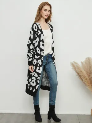 Long Sleeve Leopard Print Cardigan Open Front With Pockets