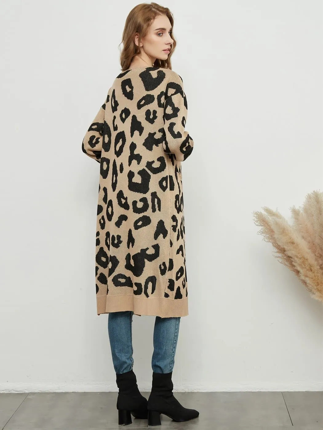 Long Sleeve Leopard Print Cardigan Open Front With Pockets