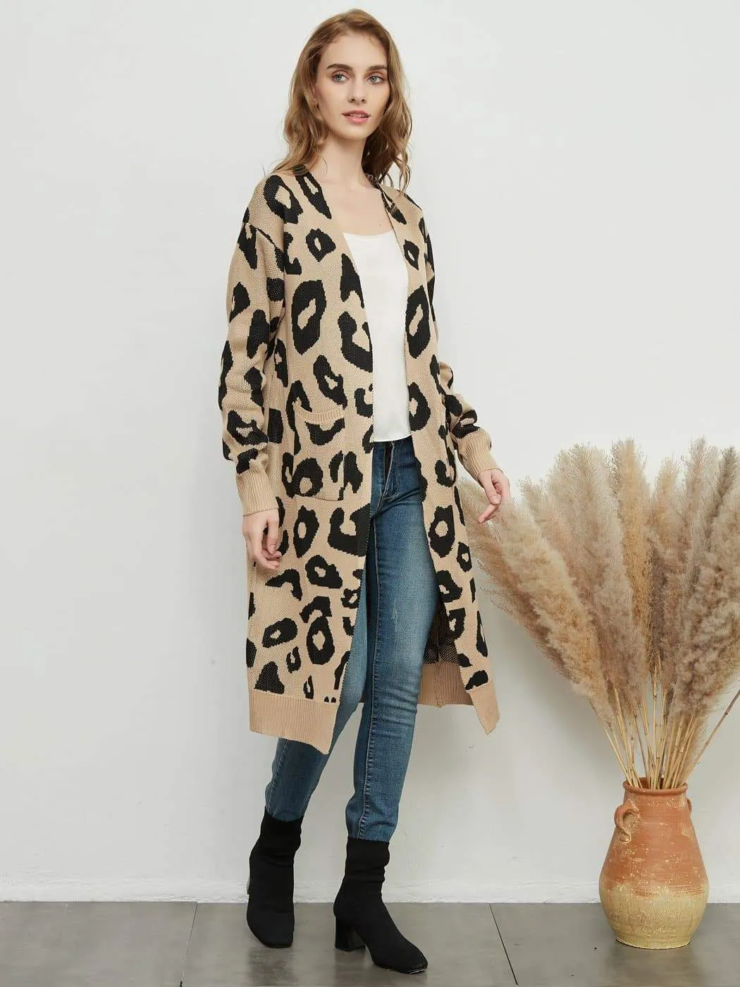 Long Sleeve Leopard Print Cardigan Open Front With Pockets