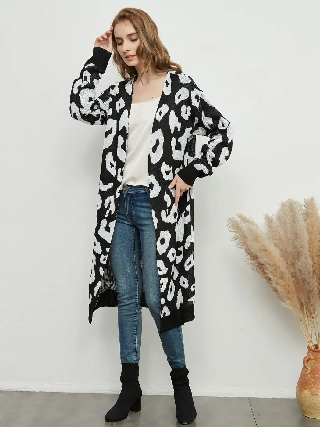 Long Sleeve Leopard Print Cardigan Open Front With Pockets