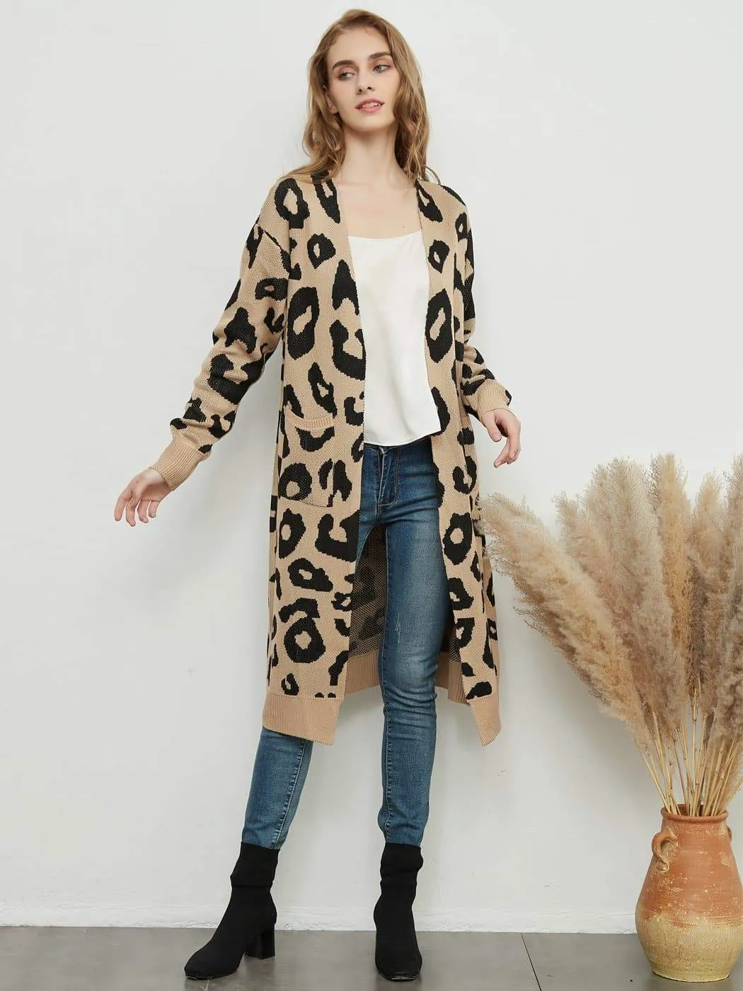 Long Sleeve Leopard Print Cardigan Open Front With Pockets