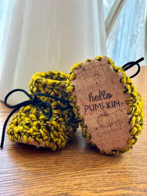 Luxury newborn crochet merino booties fall baby shower gift new mom cute hello pumpkin yellow and black