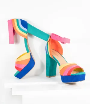 Rainbow Stripe Suede Peep Toe Pumps